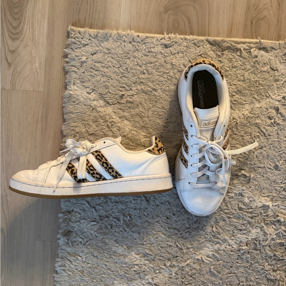 adidas cloud foam White Leather Low-Top Sneakers with leopard print accents